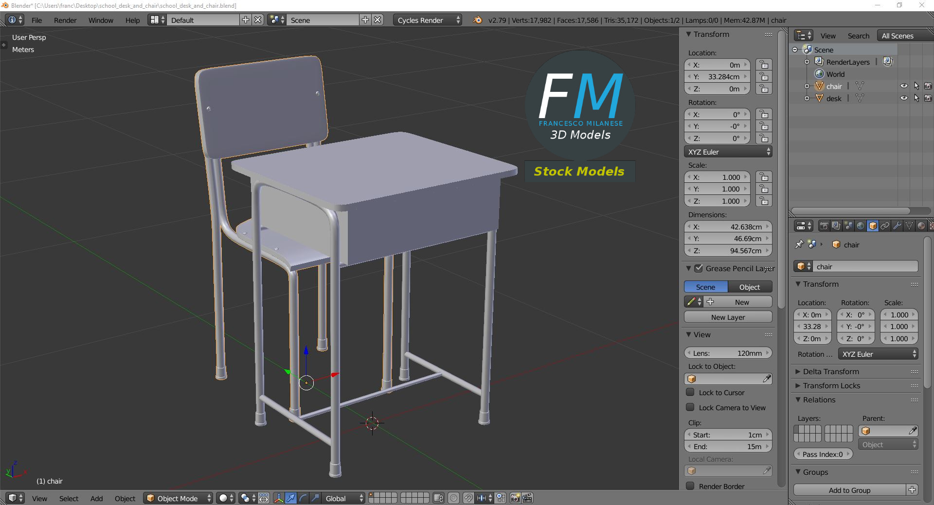 3D-Modell - Schulbank und Stuhl - 09