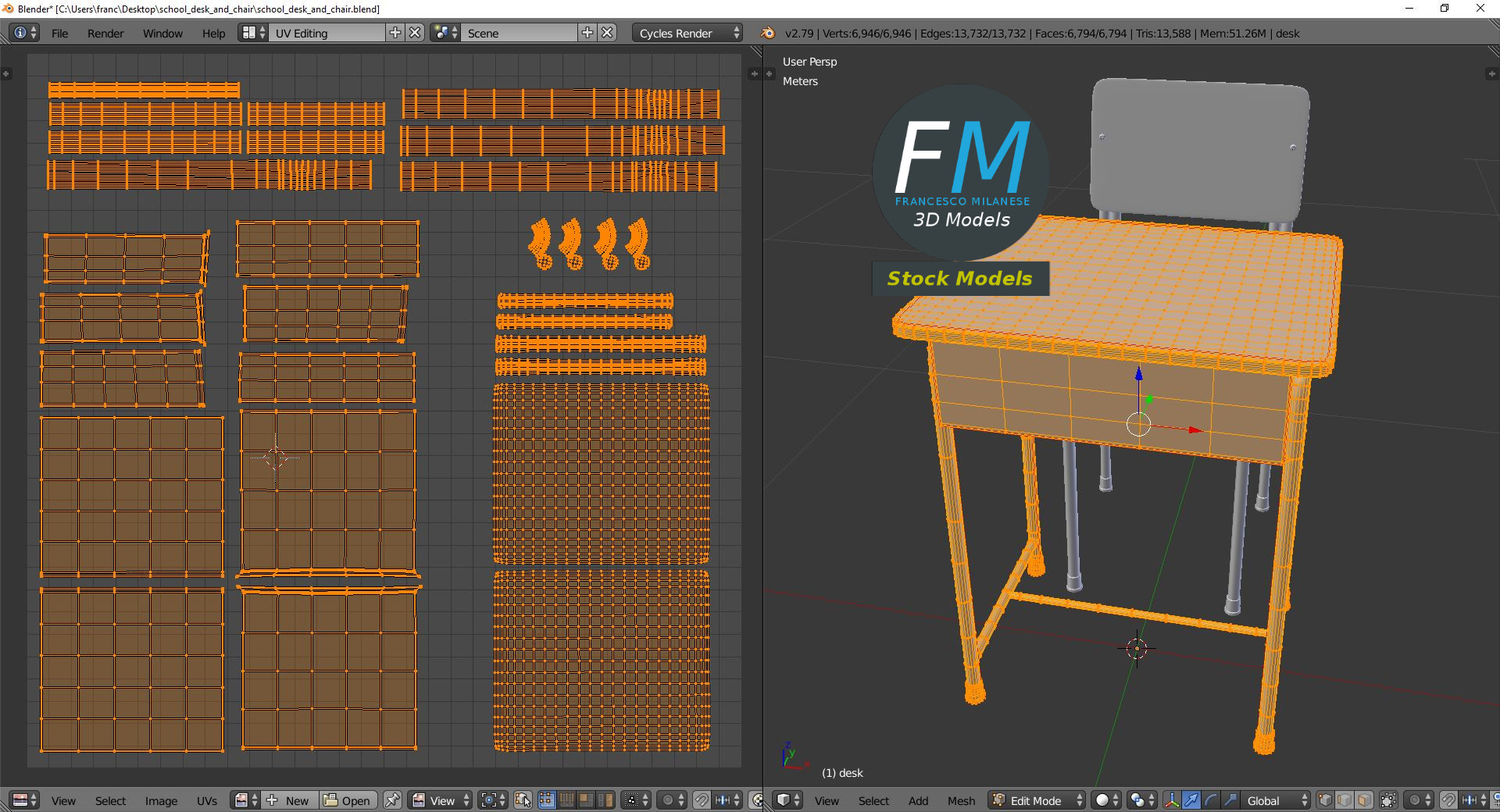 3D-Modell - Schulbank und Stuhl - 10