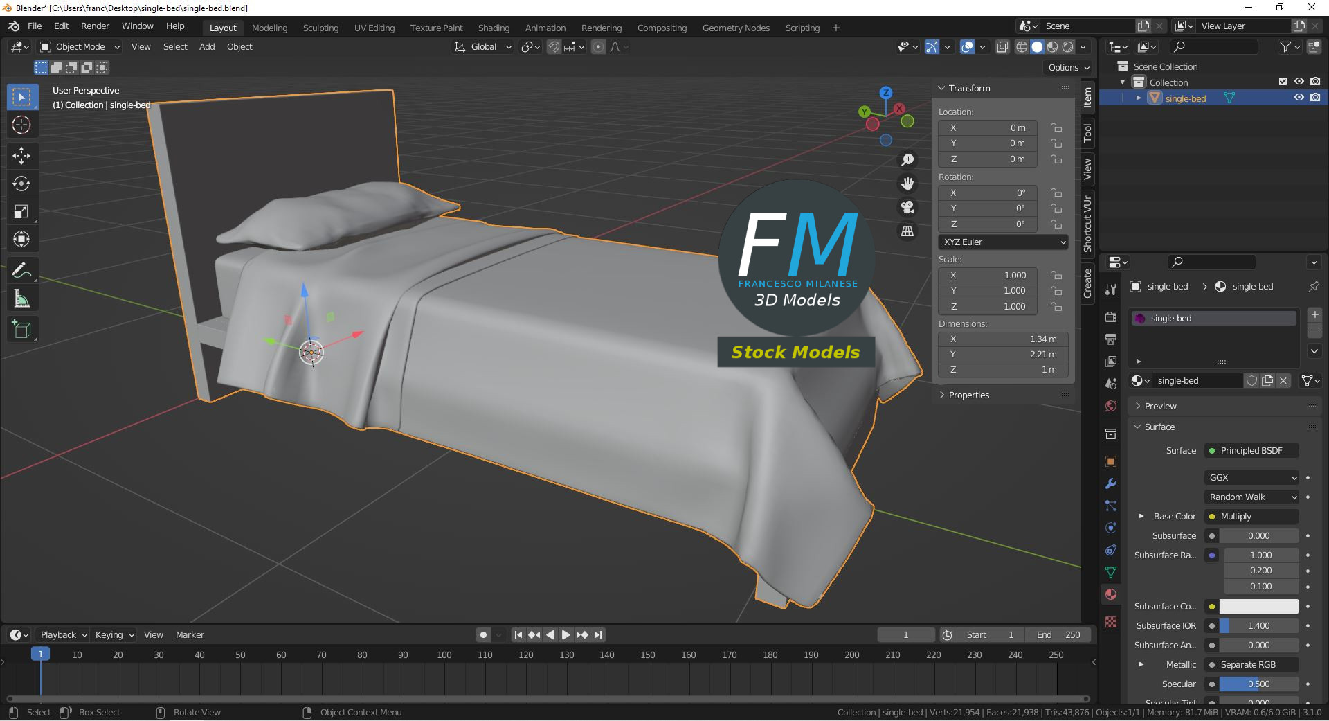3D-Modell - Einzelbett - 09