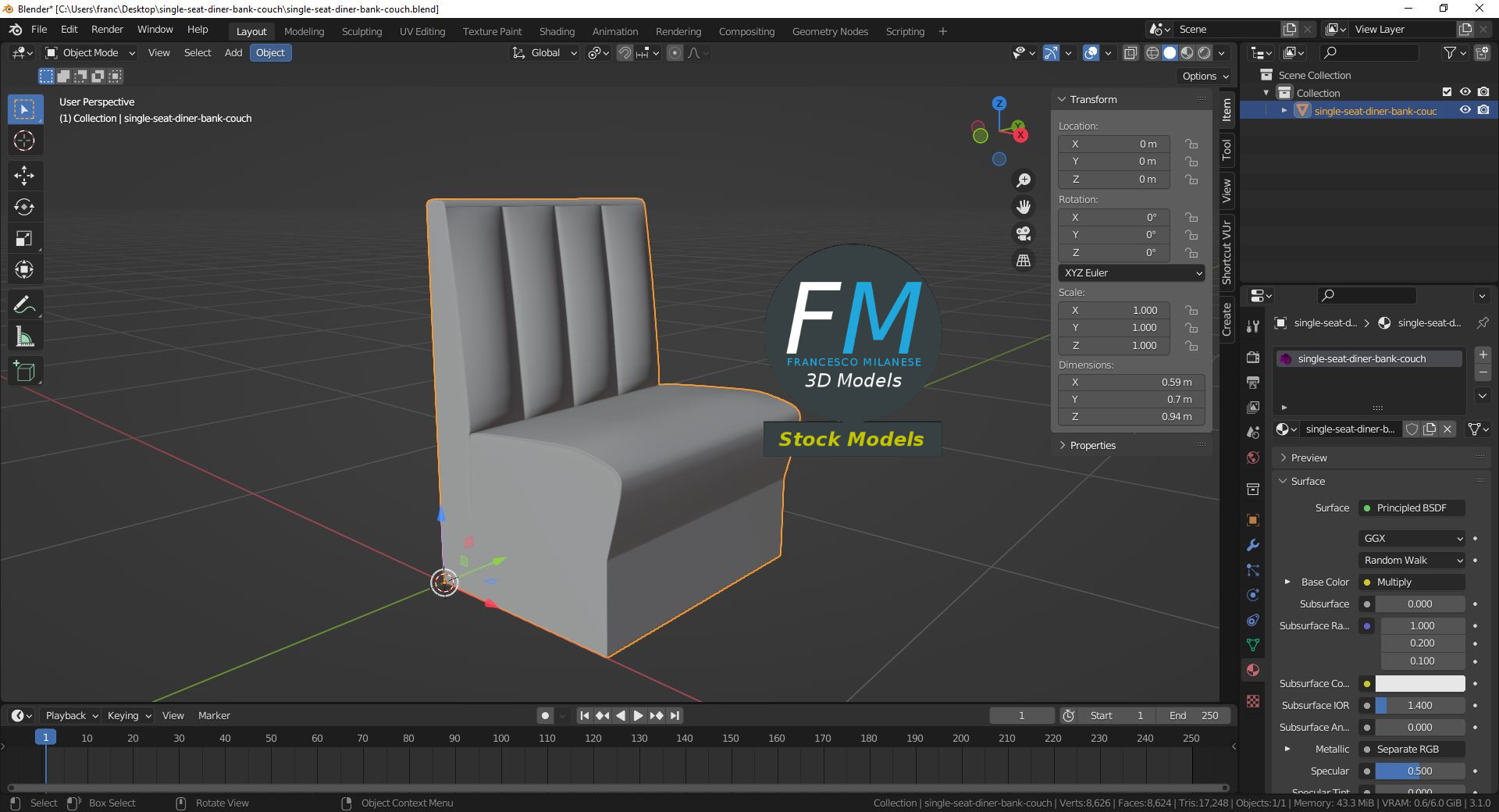 3D-Modell - Einsitzige Diner-Sitzbank - 09