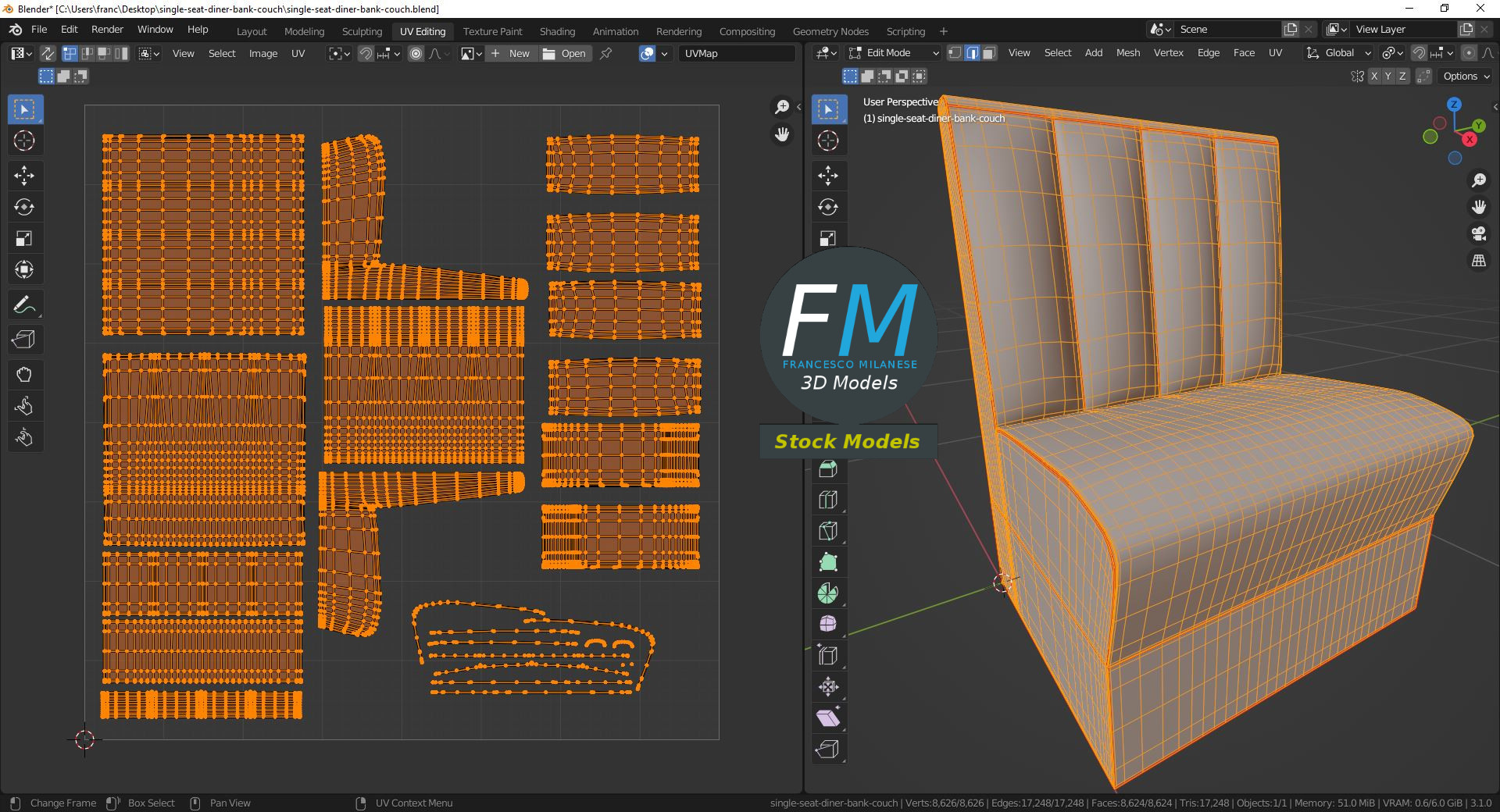 3D-Modell - Einsitzige Diner-Sitzbank - 10