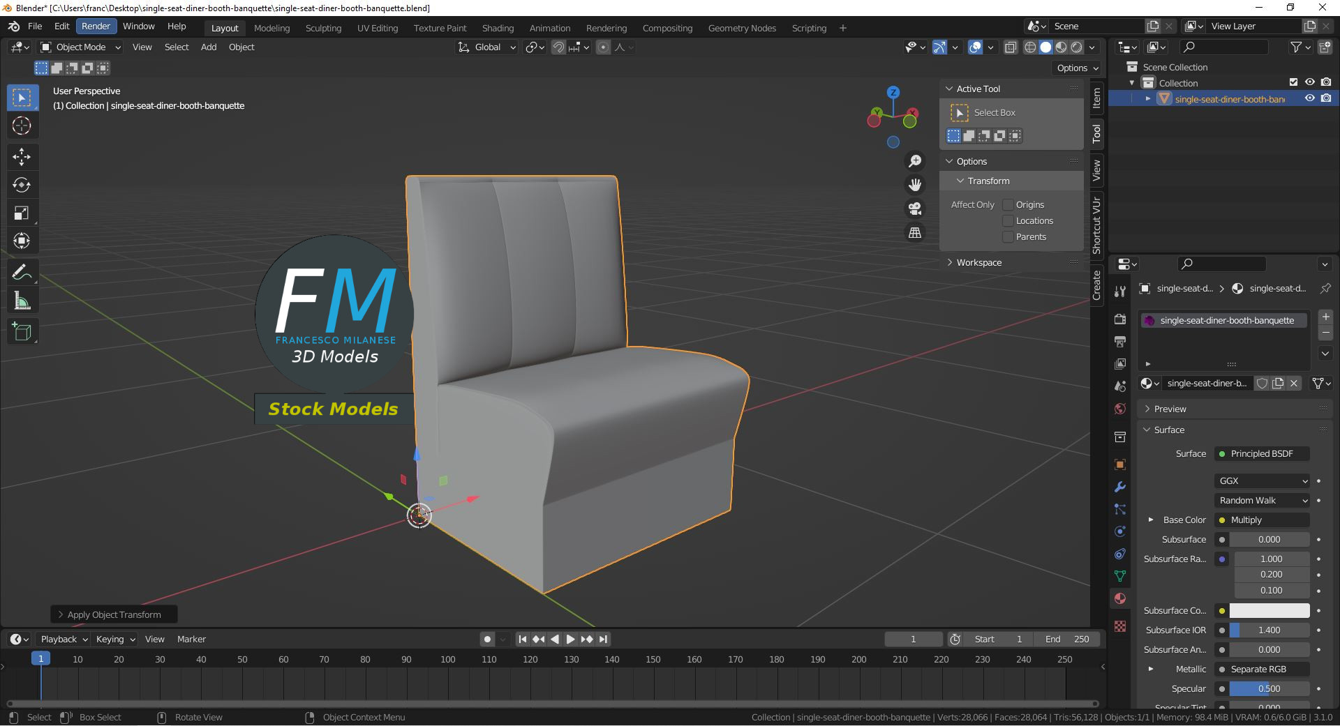 3D-Modell - Einsitzige Diner-Bankette - 09
