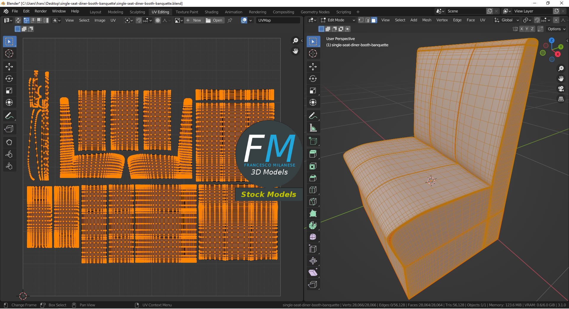 3D-Modell - Einsitzige Diner-Bankette - 10