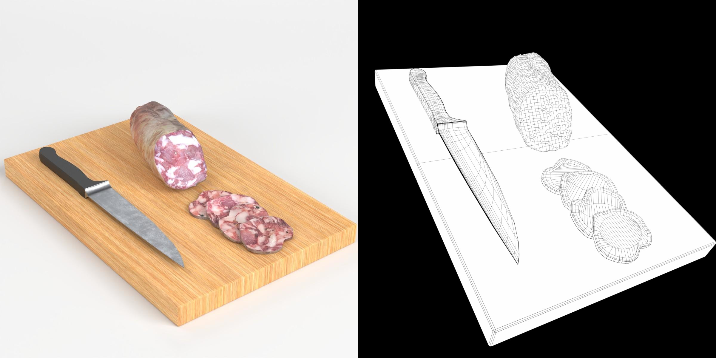 3D-Modell - Salamischeiben auf Holzschneidebrett