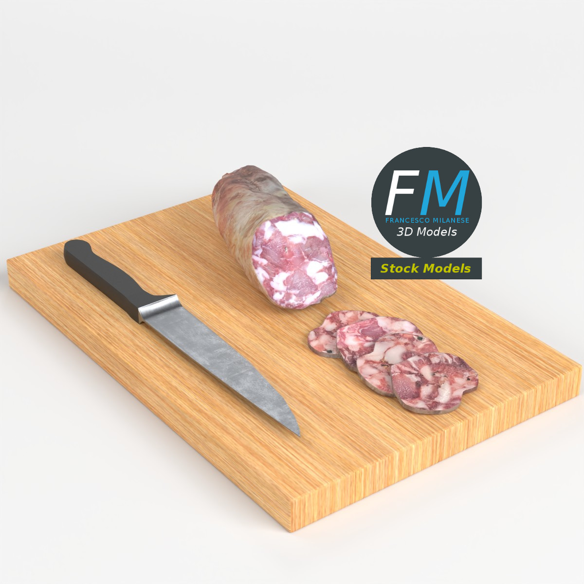 3D-Modell - Salamischeiben auf Holzschneidebrett - 01