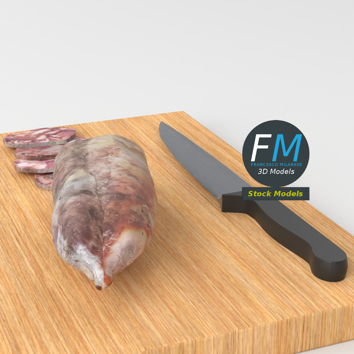 3D-Modell - Salamischeiben auf Holzschneidebrett - 05