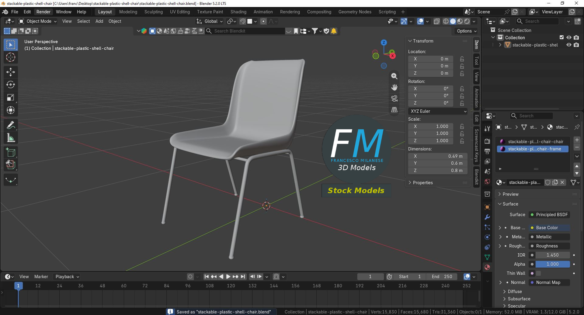 3D Model - Stackable Plastic Shell Chair - 09
