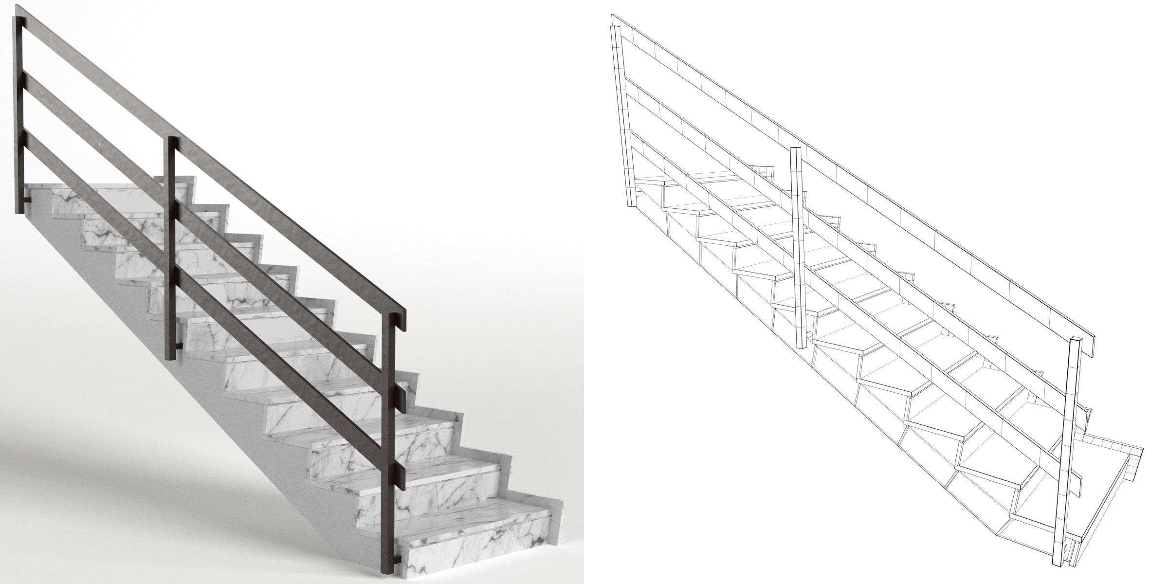3D-Modell - Marmortreppe mit Metallgeländern