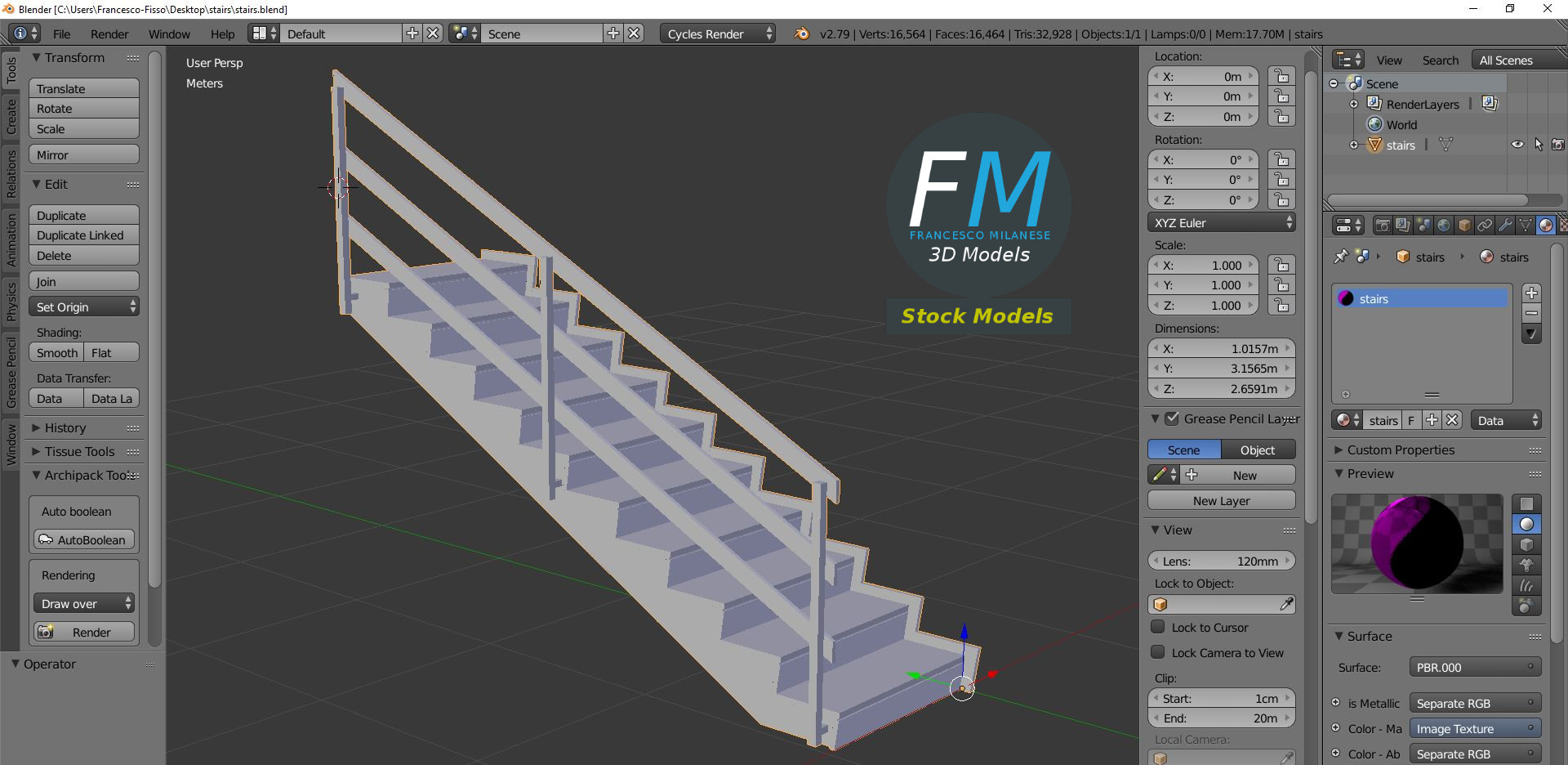 3D-Modell - Marmortreppe mit Metallgeländern - 09