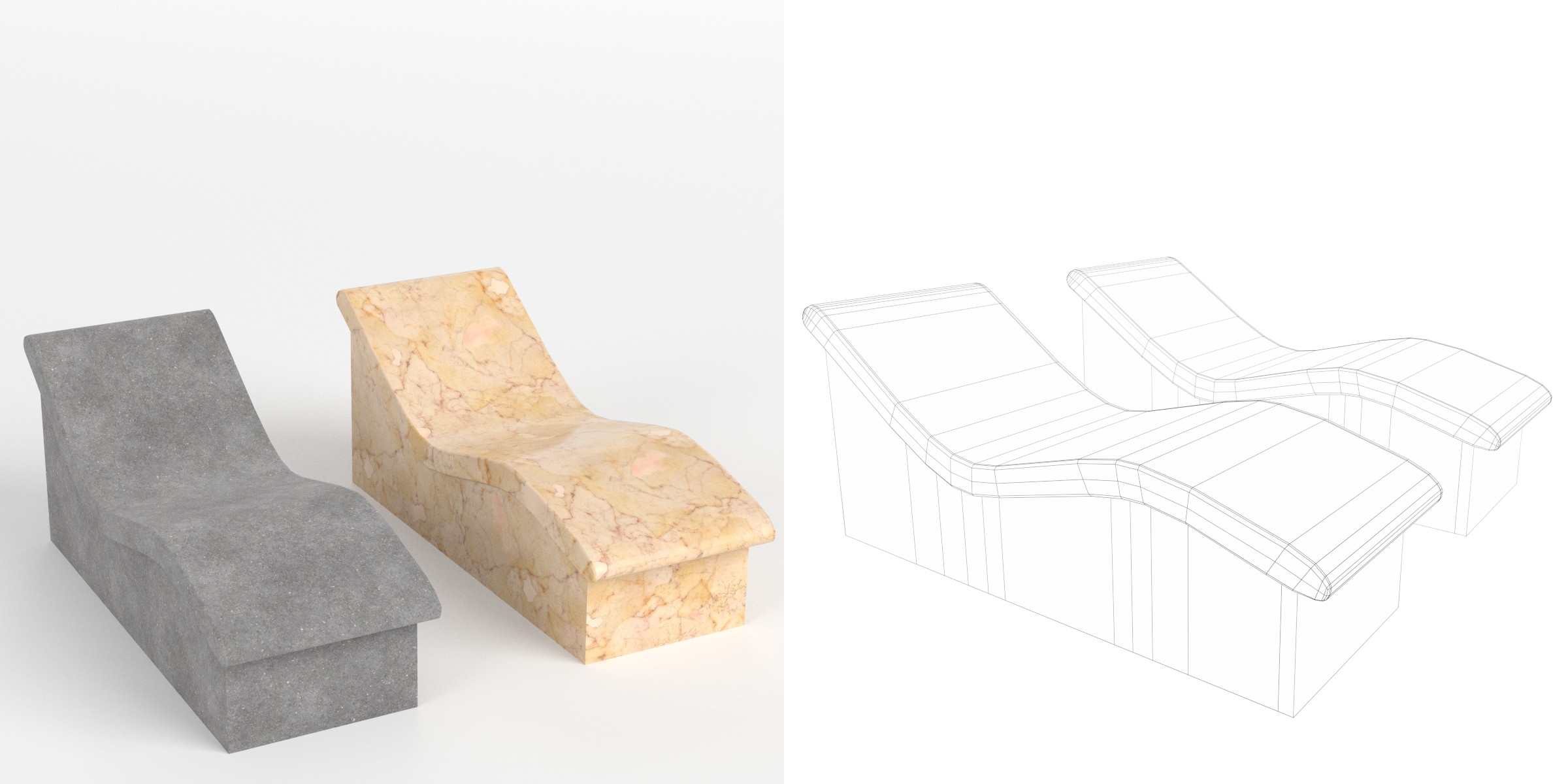 3D-Modell - Wellenförmige Stein- und Marmorbänke