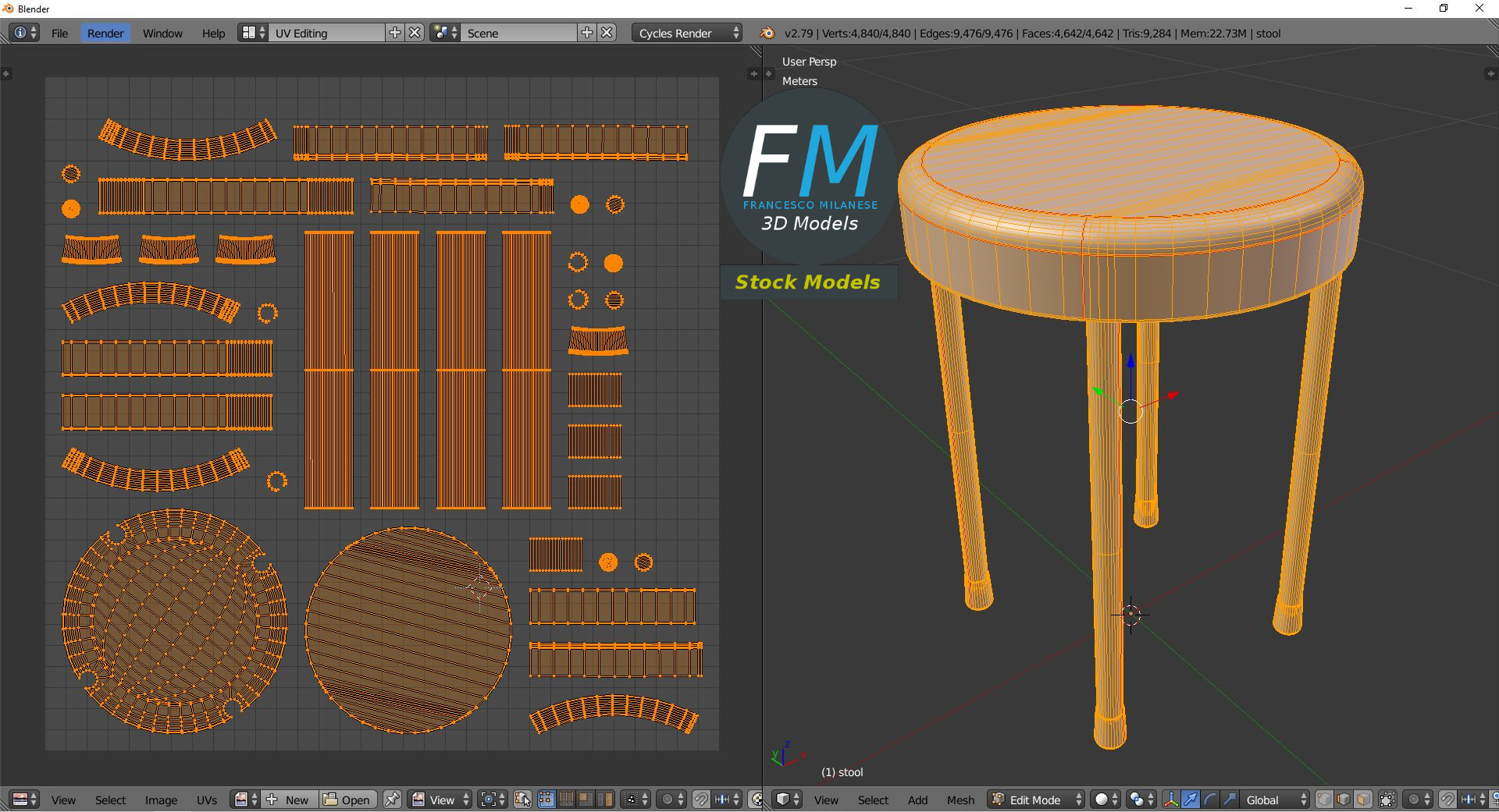 3D-Modell - Runder Hocker mit Vier Beinen - 10