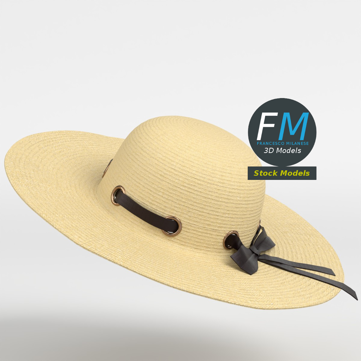 3D-Modell - Breitkrempiger Strohhut mit Band - 04