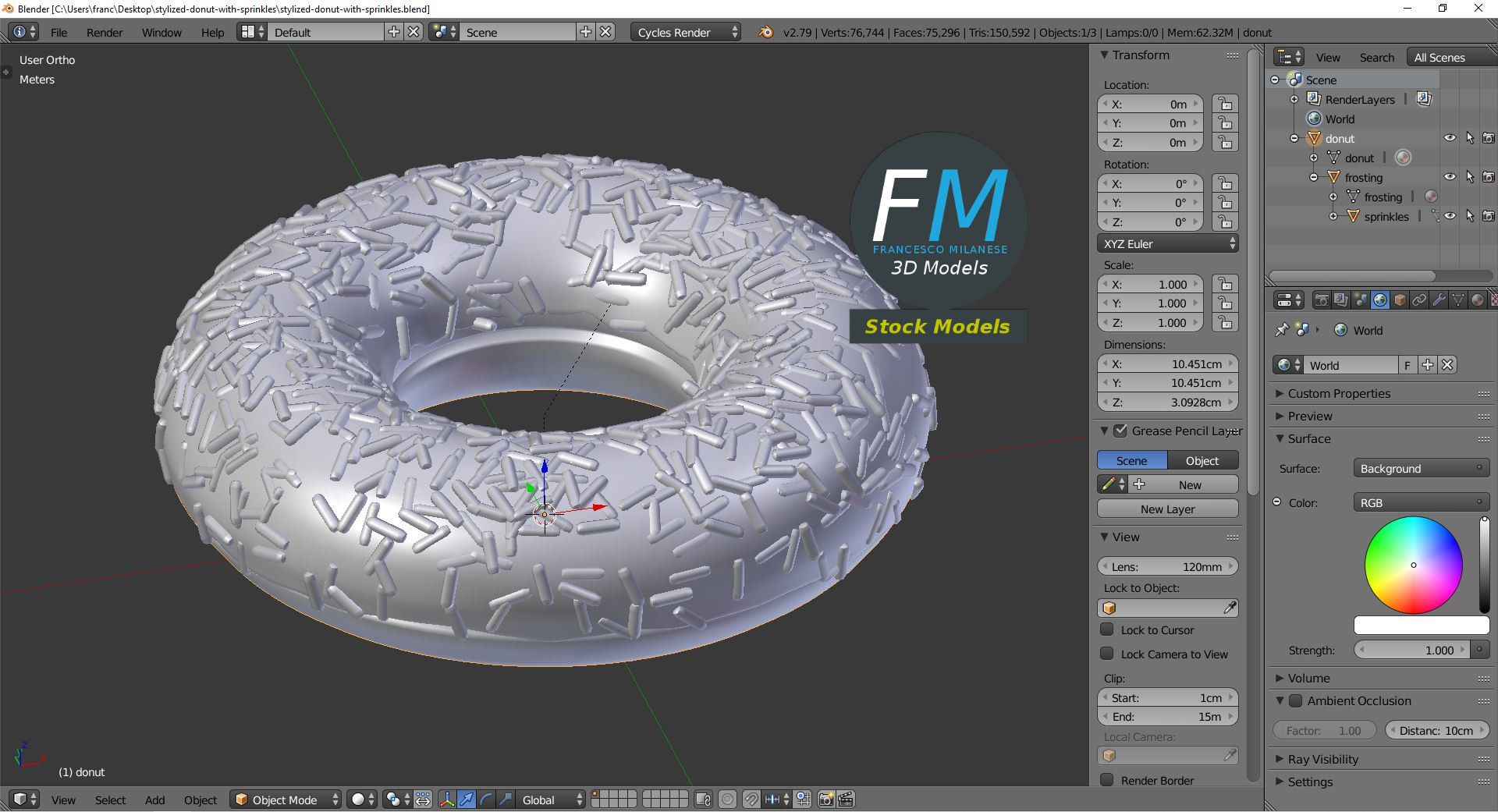 3D-Modell - Stilisierter Donut mit Streuseln - 09