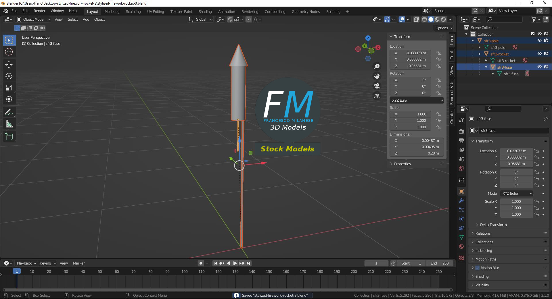 3D-Modell - Stilisierte Gestreifte Feuerwerksrakete - 09