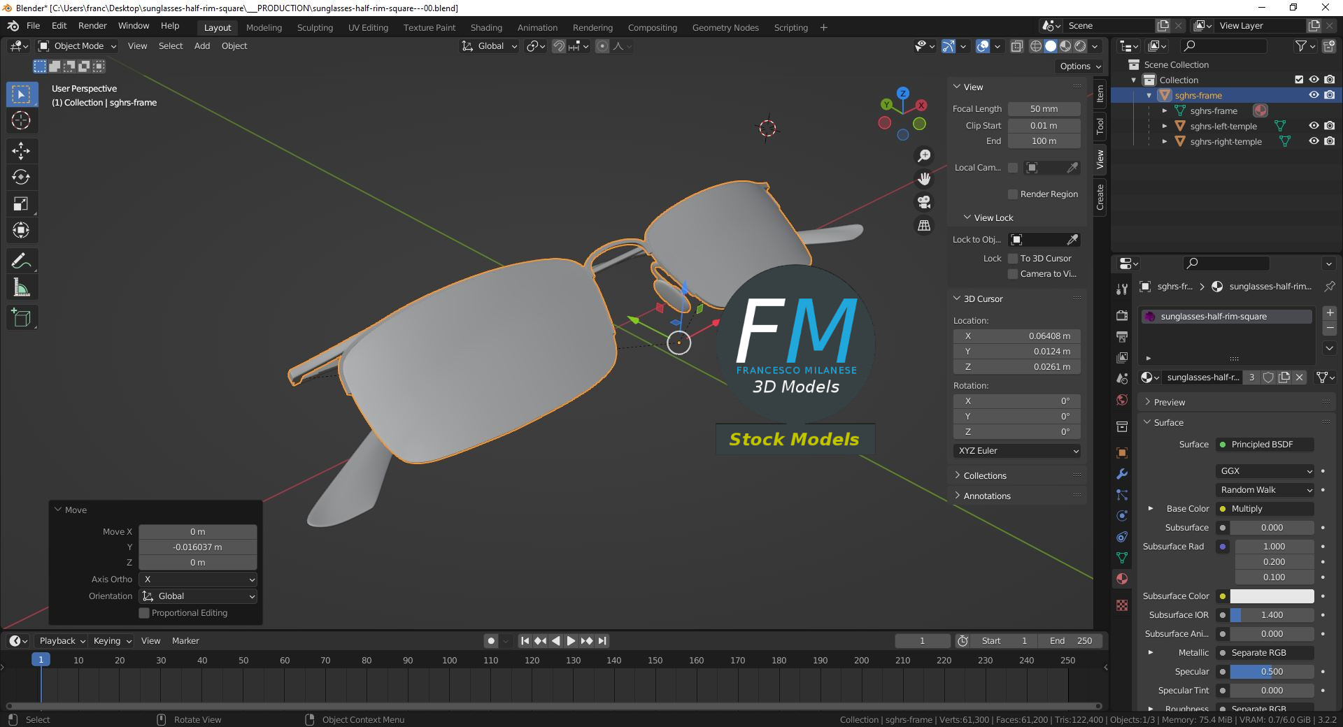 3D-Modell - Quadratische Halbrand-Sonnenbrille - 09