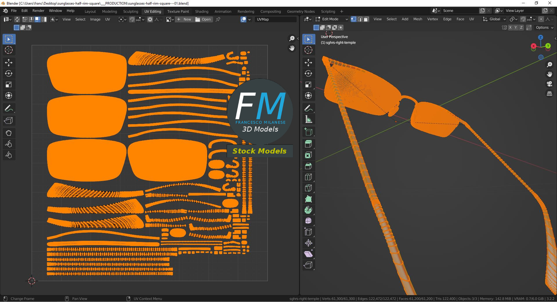 3D-Modell - Quadratische Halbrand-Sonnenbrille - 10