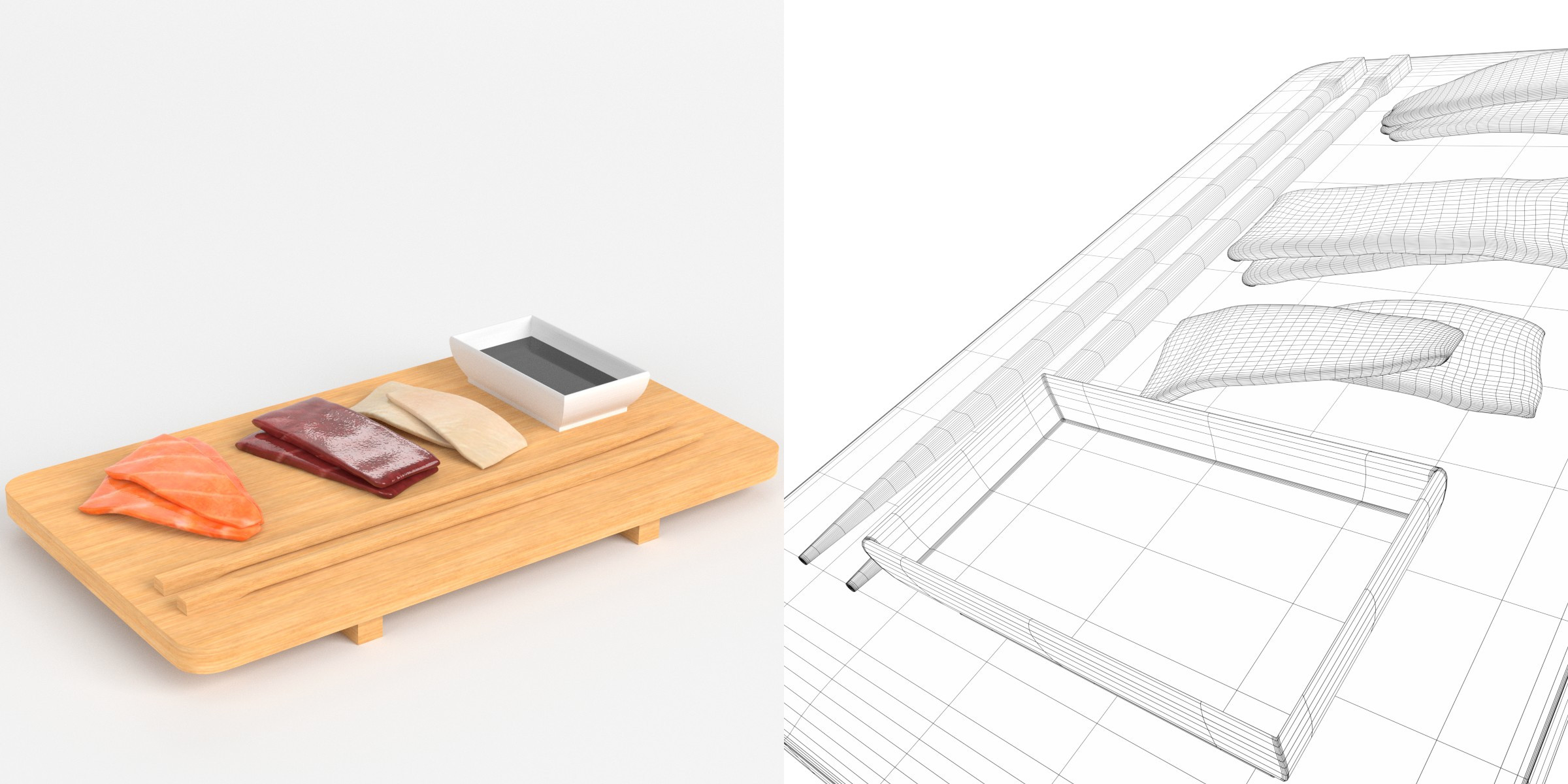 3D-Modell - Sushi Sashimi und Sojasauce