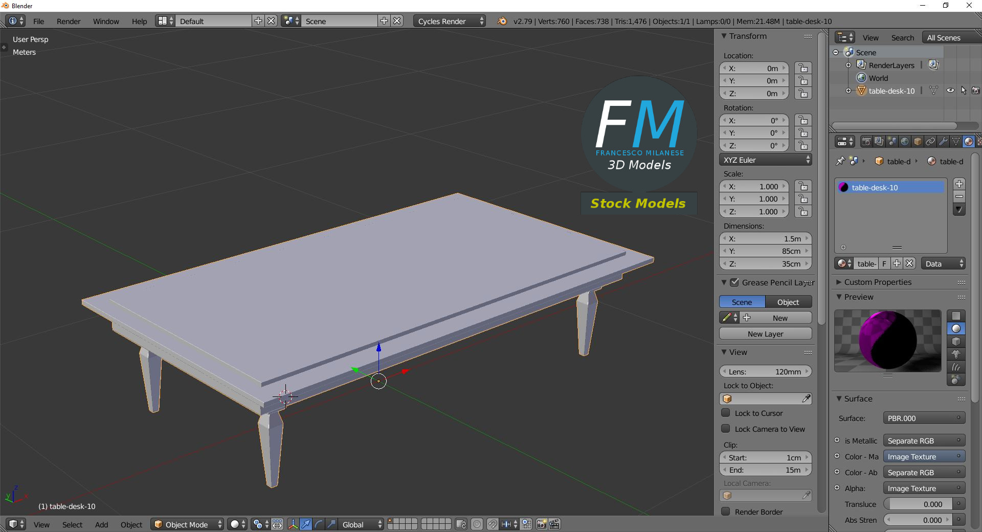 3D-Modell - Rechteckiger Holztisch - 09