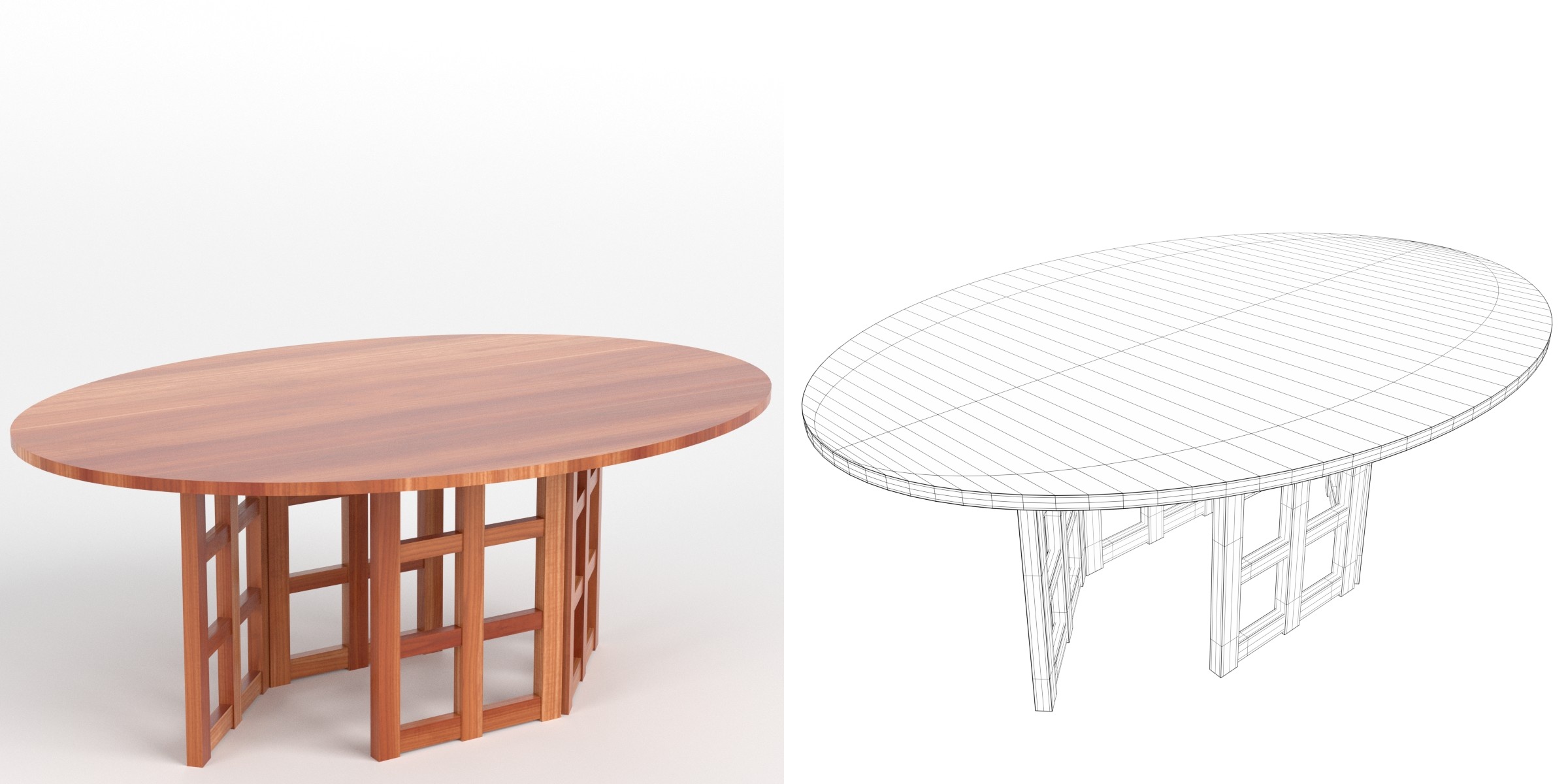 3D-Modell - Ovaler Holztisch mit Gittergestell