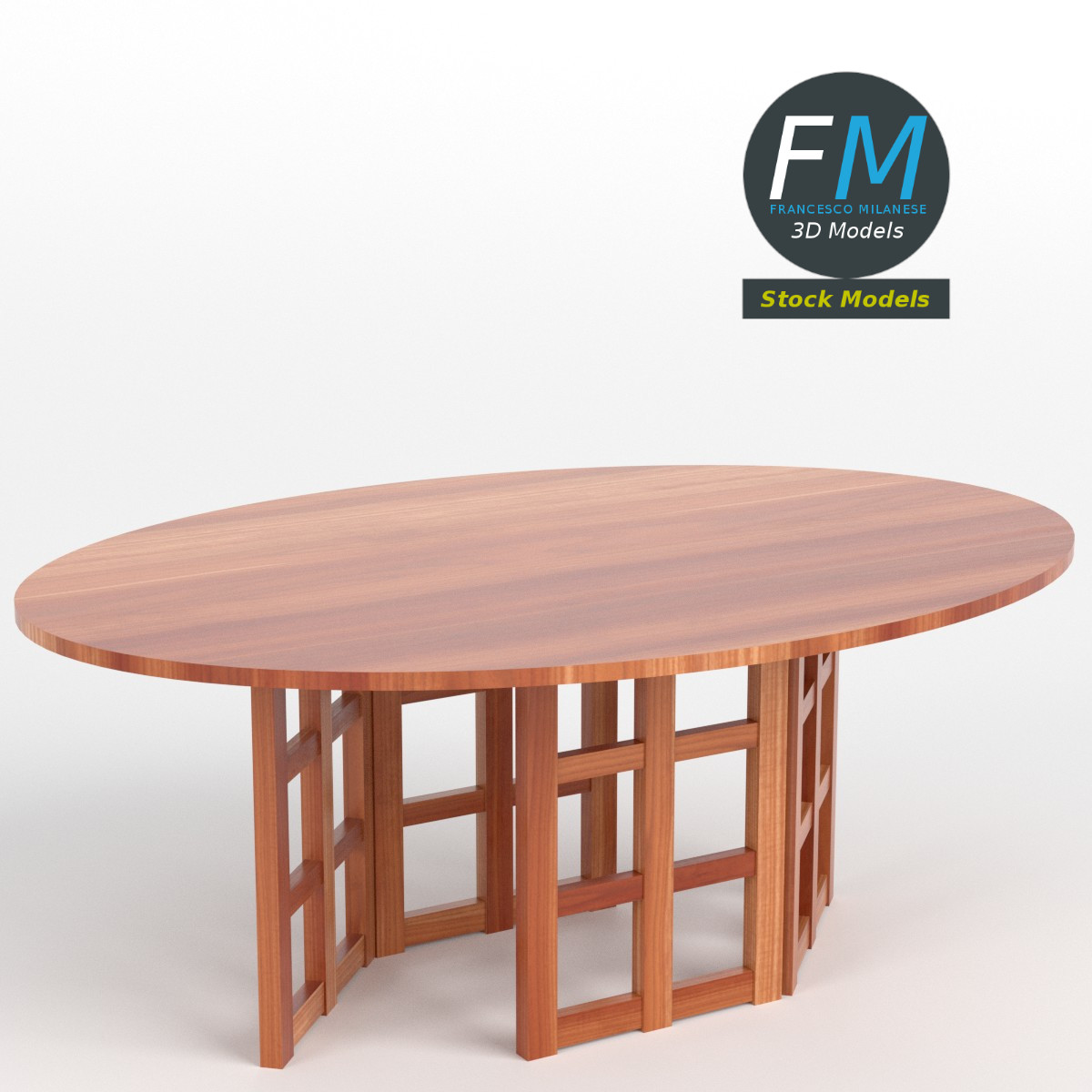 3D-Modell - Ovaler Holztisch mit Gittergestell - 01