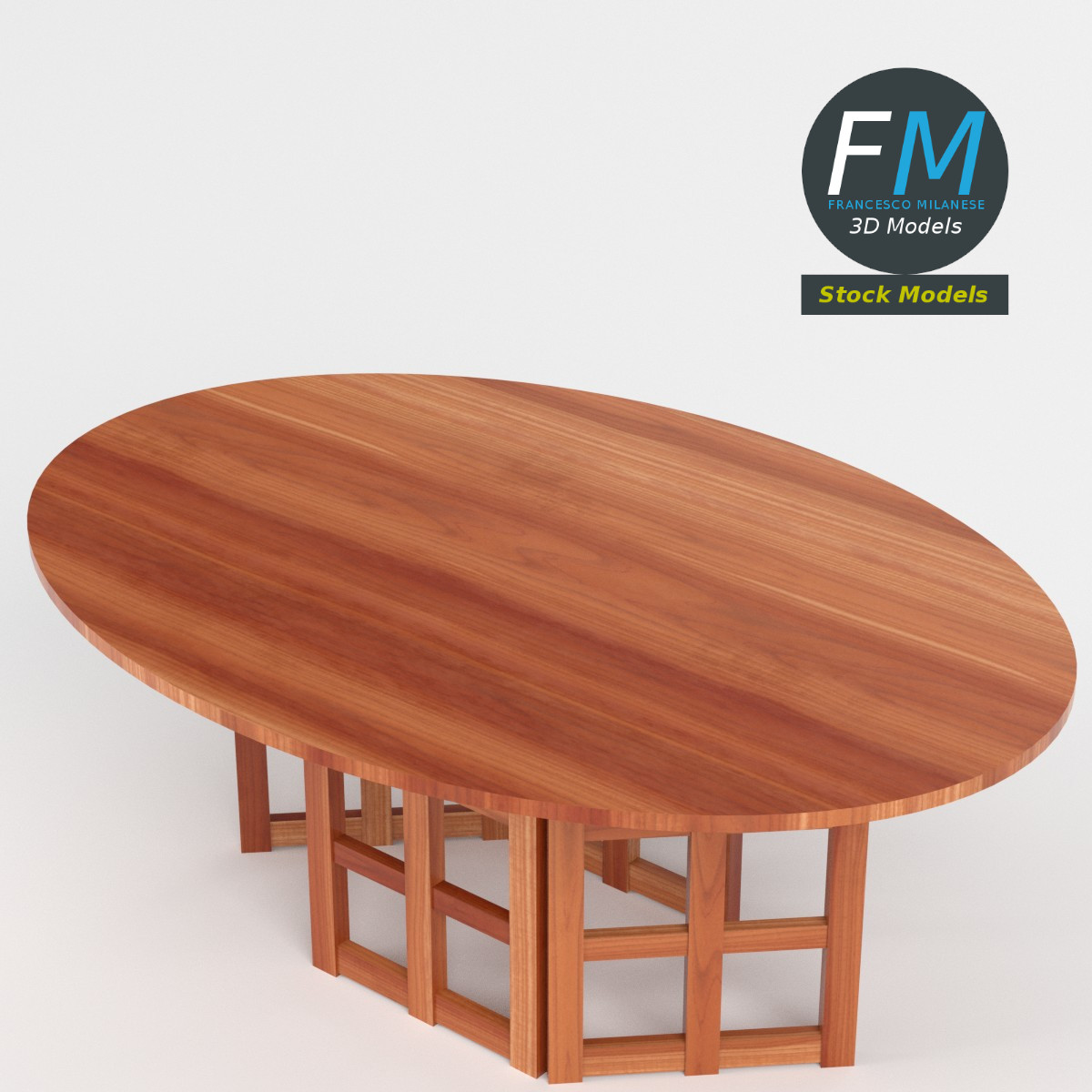 3D-Modell - Ovaler Holztisch mit Gittergestell - 02
