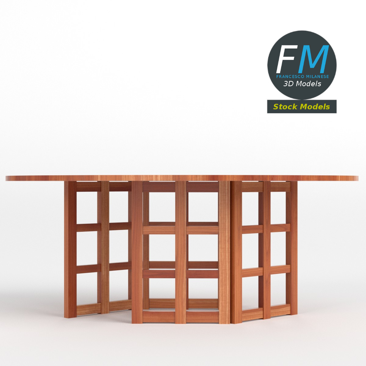3D-Modell - Ovaler Holztisch mit Gittergestell - 03
