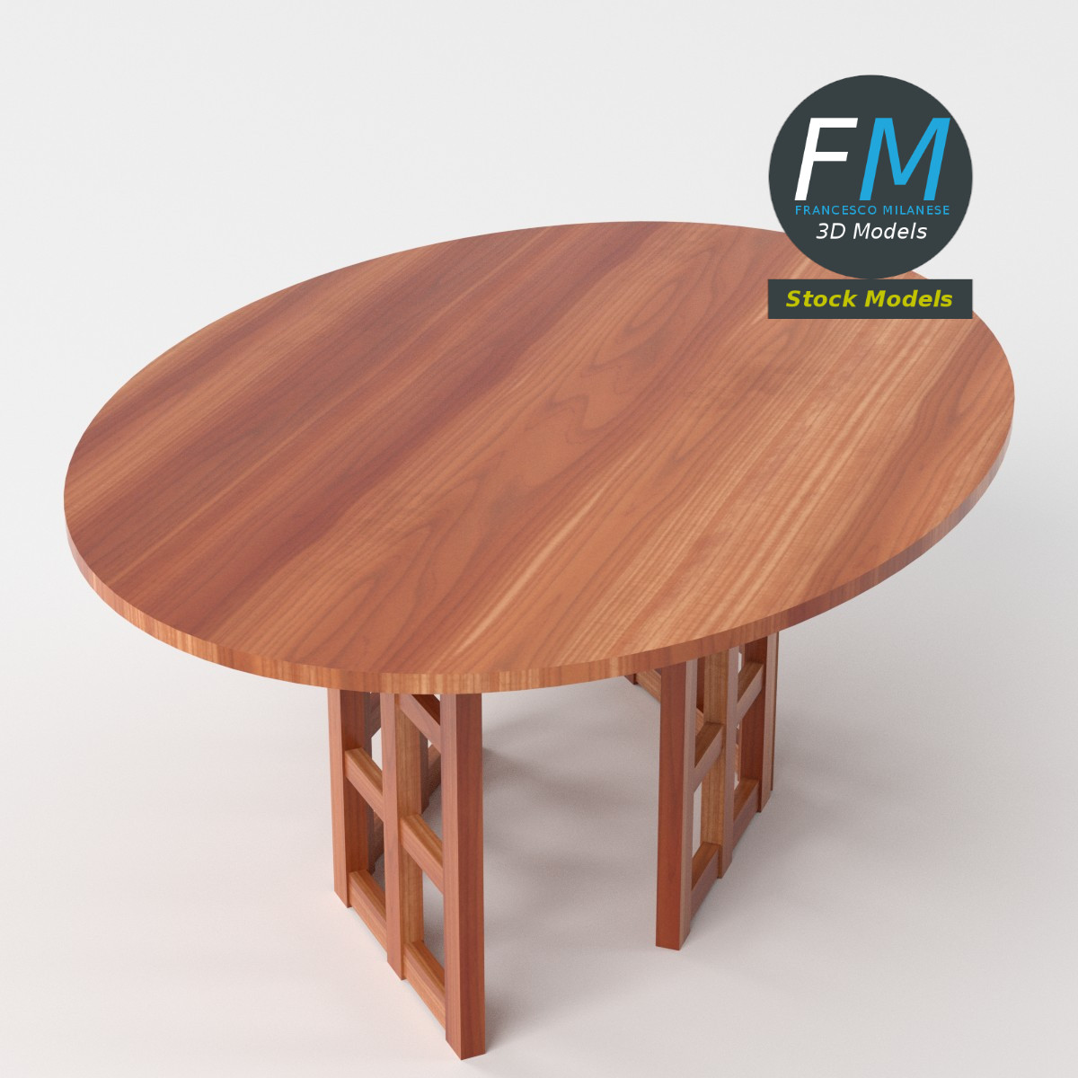 3D-Modell - Ovaler Holztisch mit Gittergestell - 05
