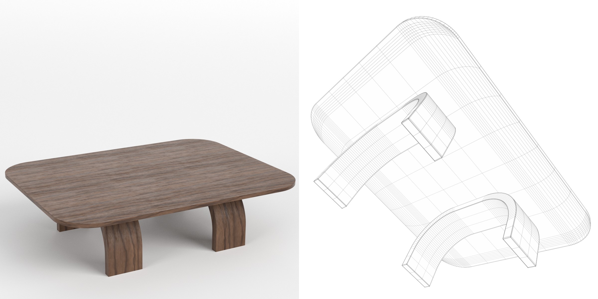 3D-Modell - Niedriger Holztisch mit Gebogenen Beinen