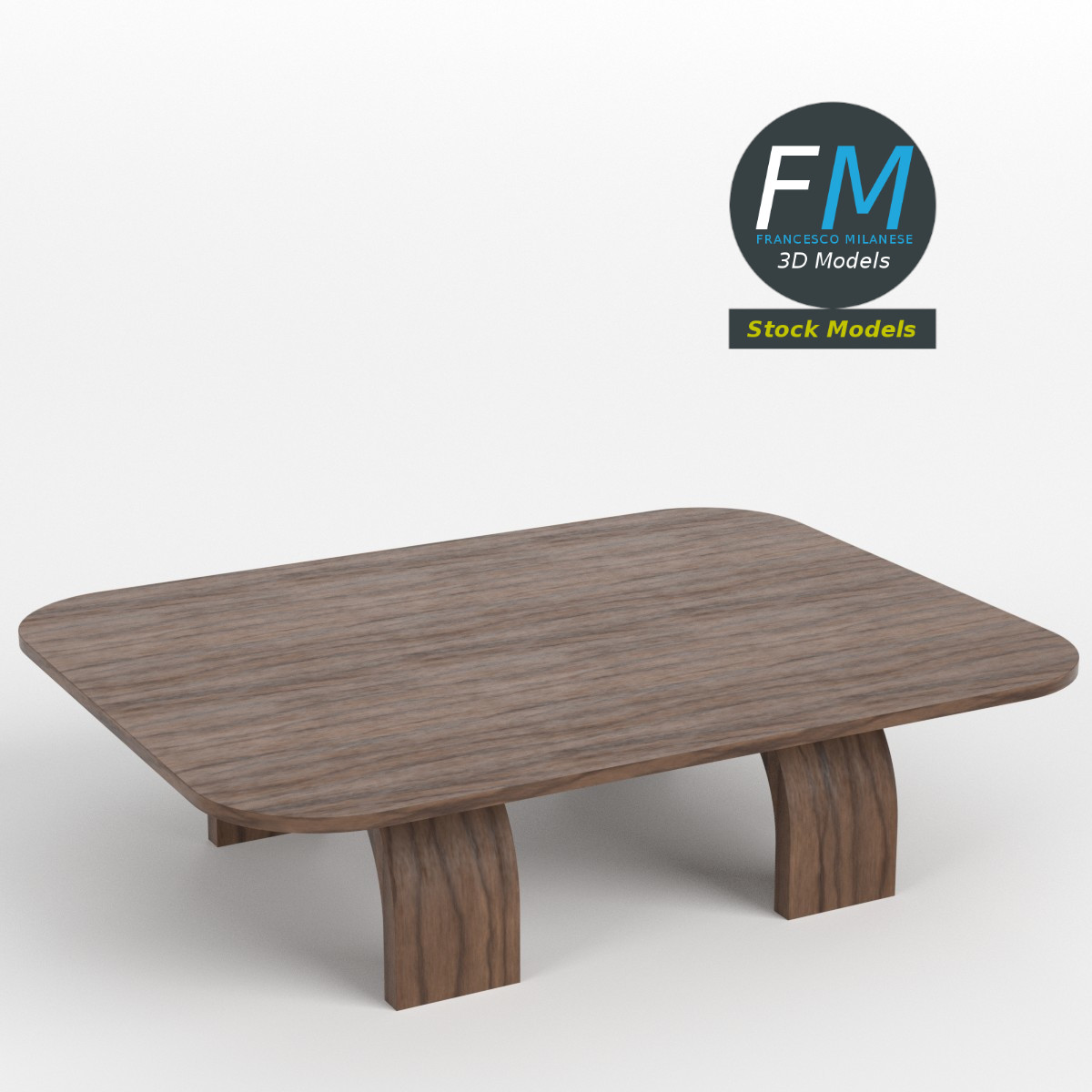 3D-Modell - Niedriger Holztisch mit Gebogenen Beinen - 01