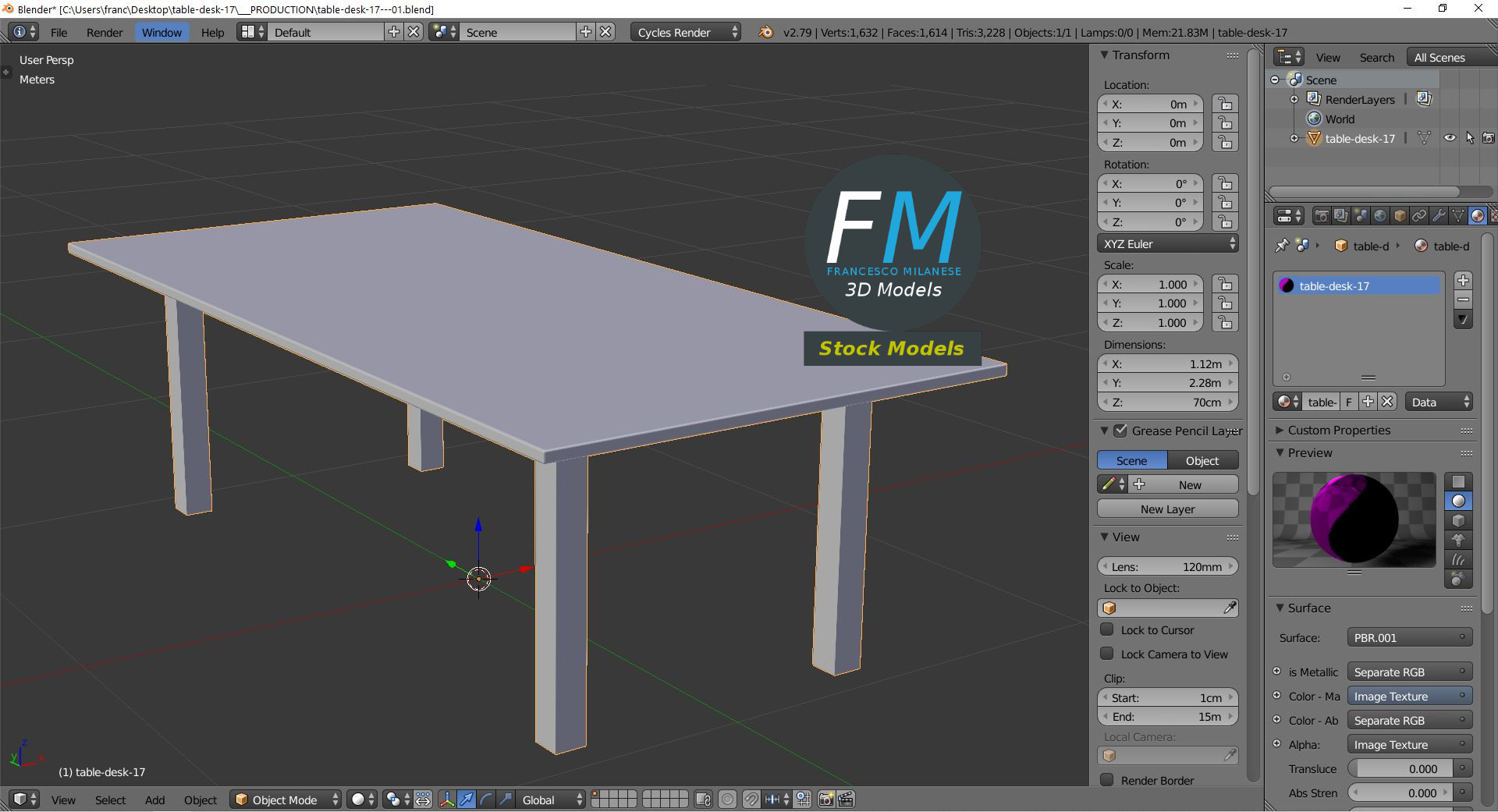 3D-Modell - Rechteckiger Holztisch - 09