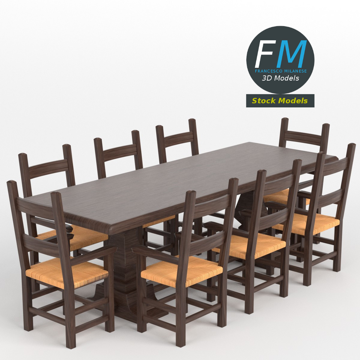 3D-Modell - Esstisch mit Zehn Stühlen - 01