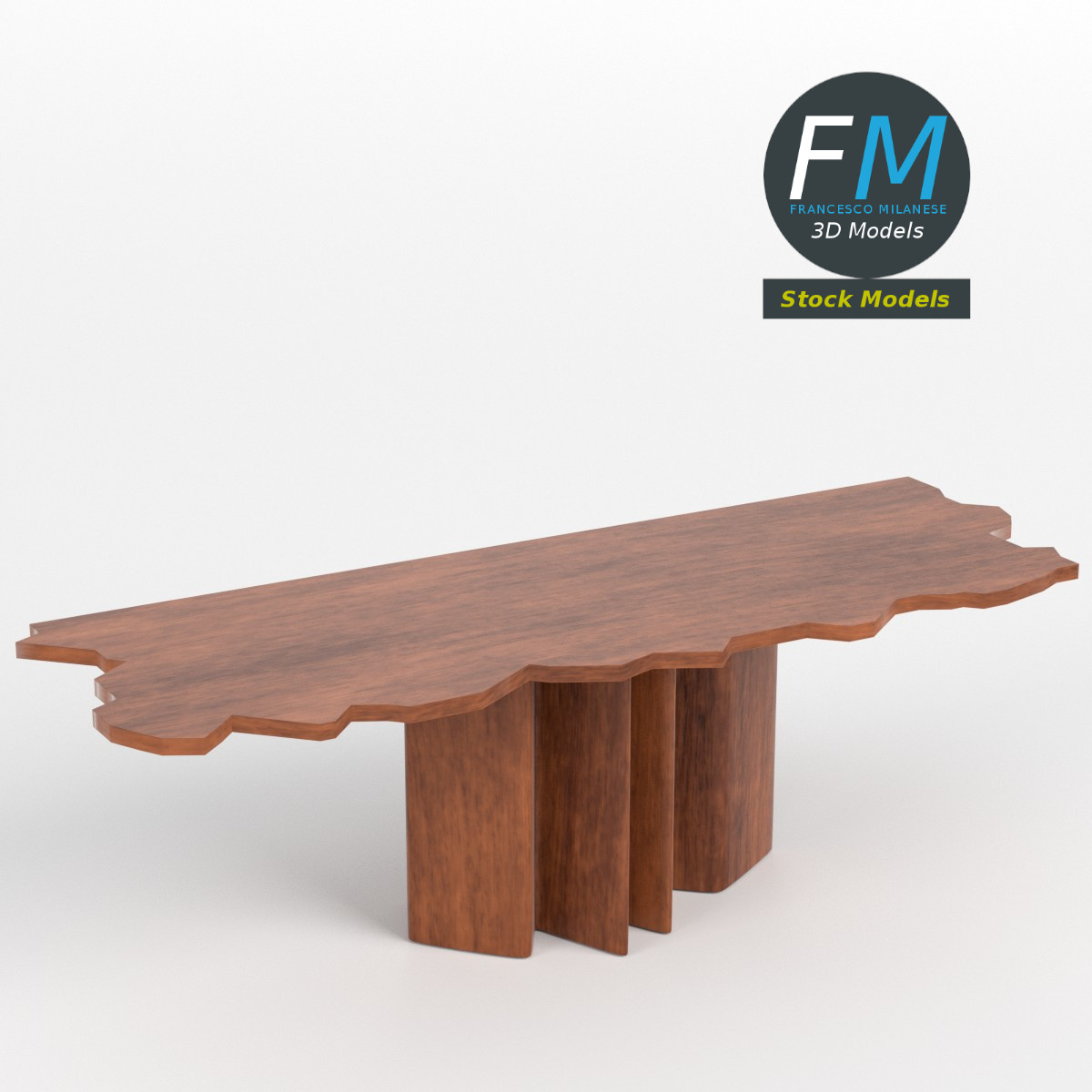 3D-Modell - Unregelmäßiger Holztisch mit Säulenbasis - 01