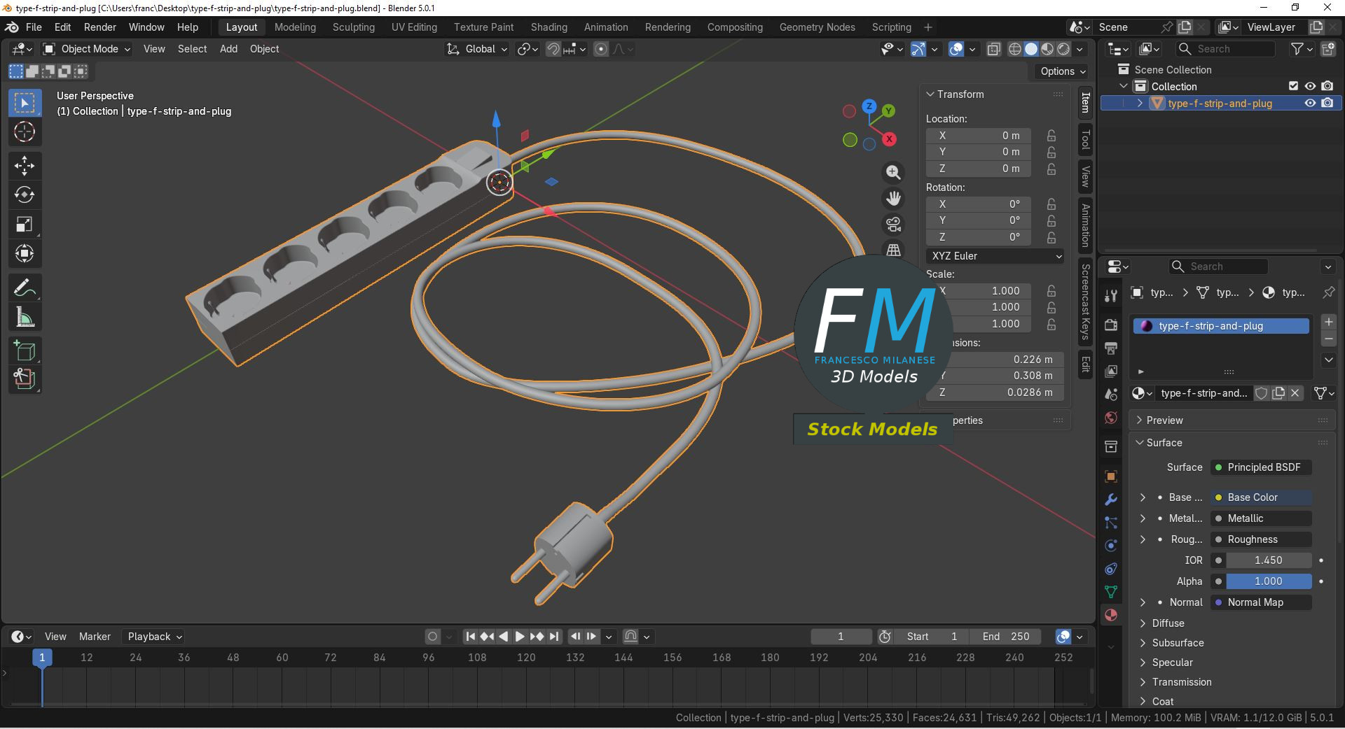 3D-Modell - Typ-F-Steckdosenleiste mit Stecker - 09