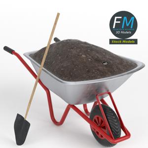 Wheelbarrow with soil and shovel PBR 3D Model