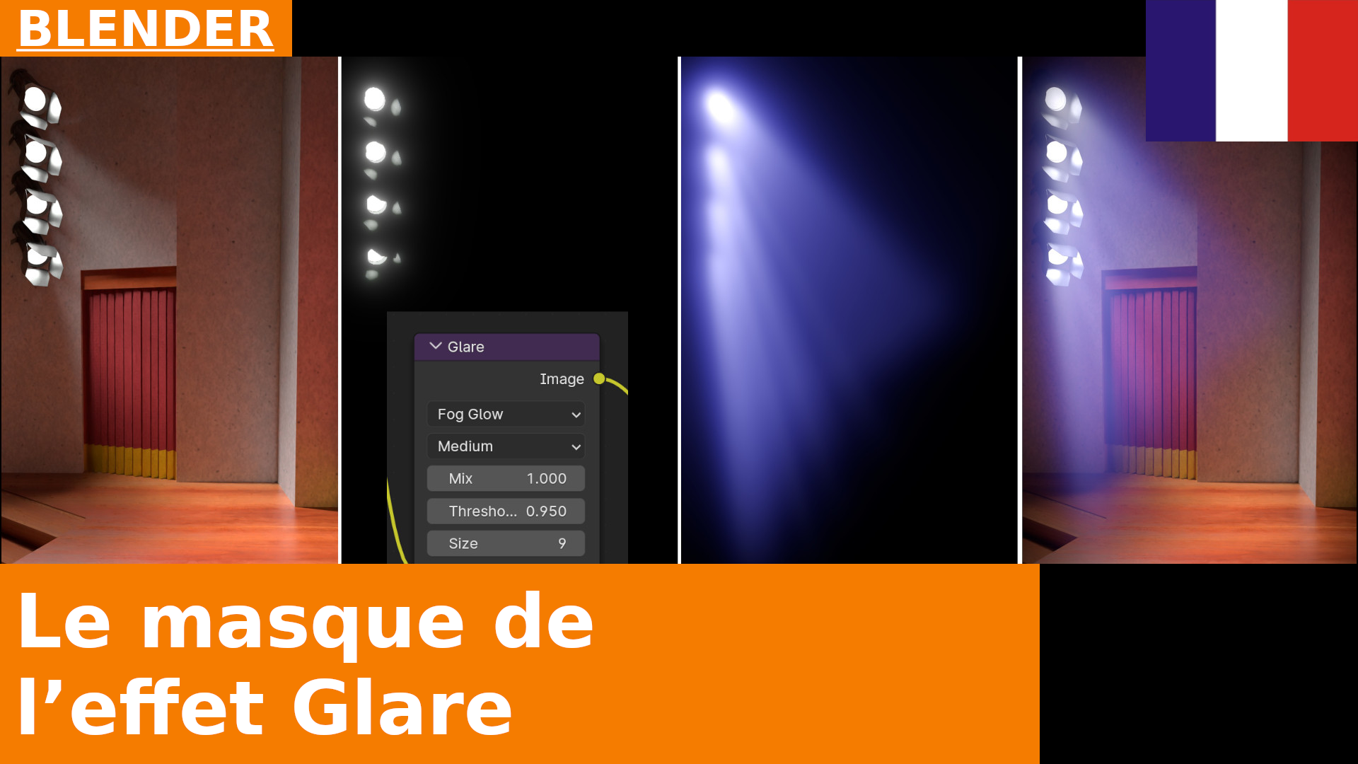 BLENDER 4.1 - Compositing : définir Mix sur 1 dans le filtre Glare afin d’obtenir l’effet comme masque
