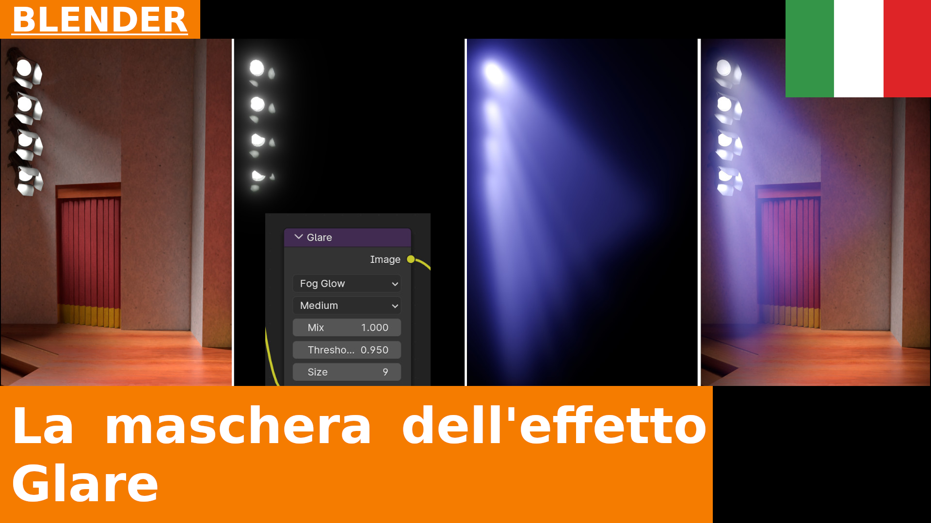 BLENDER 4.1 - Compositing: impostare Mix a 1 nel filtro Glare Filter per isolare l'effetto