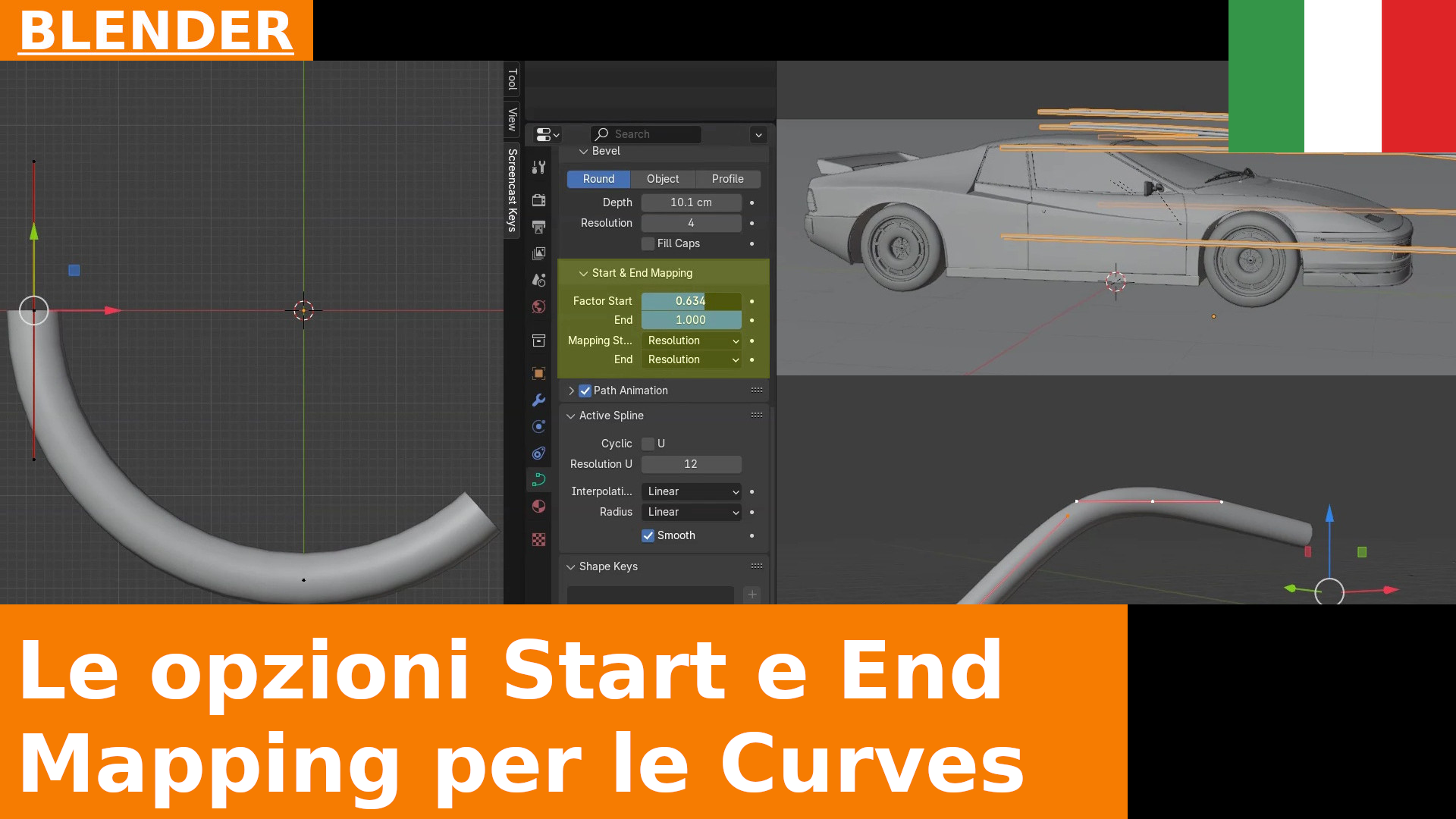 Come far apparire e scomparire una geometria su una Curve in Blender con Start and End Mapping | Tutorial