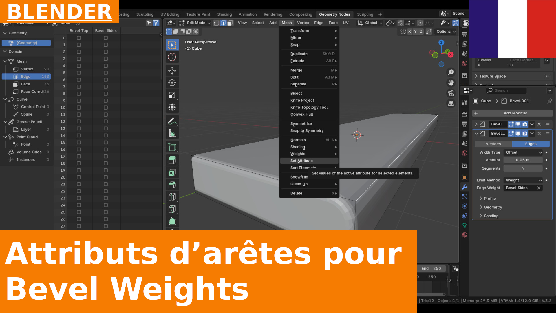 Comment définir des attributs pour les arêtes et les utiliser dans le Bevel Modifier dans Blender 4.3