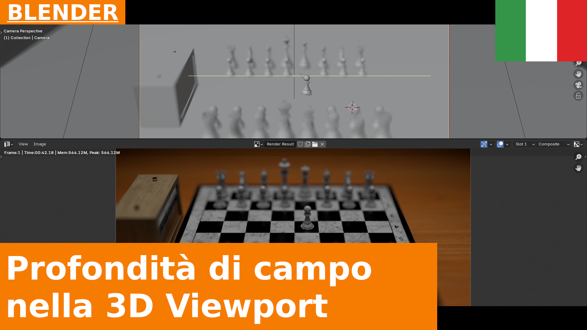 Come impostare la Profondità di Campo (Depth of Field) della telecamera, sia nella 3D Viewport che nel Rendering, in Blender