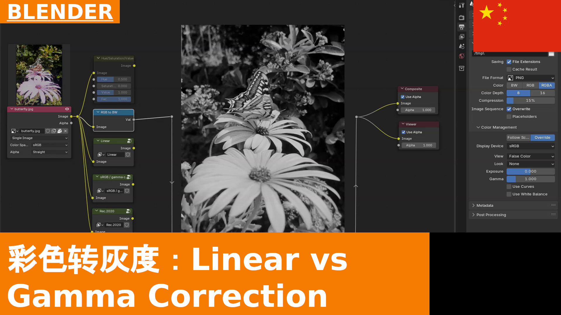 从彩色到灰度：Linear 与（Gamma 校正的）sRGB | Blender 4.3 Compositing