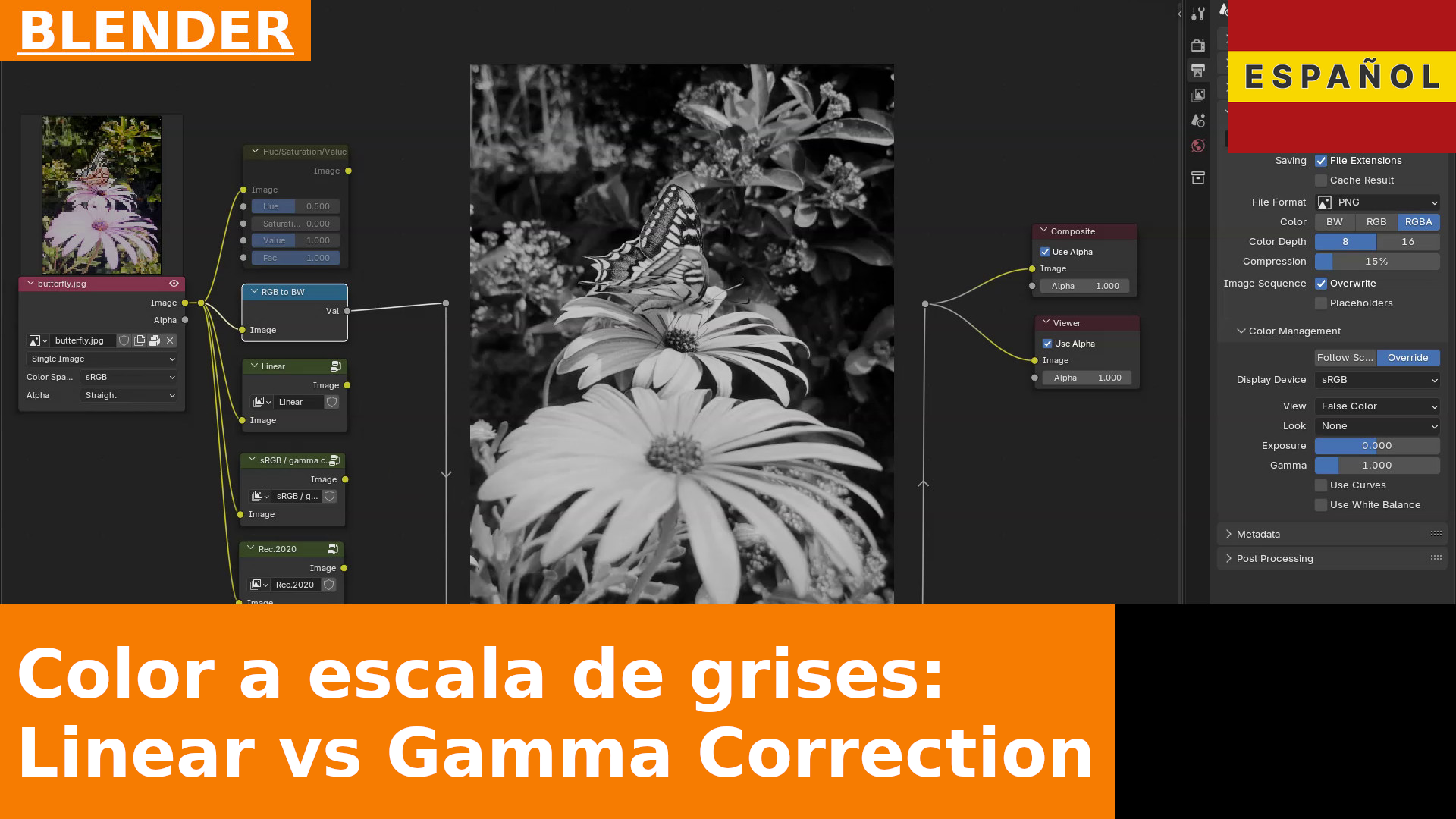 De color a escala de grises: Linear vs sRGB (corregido por gamma) | Compositing en Blender 4.3
