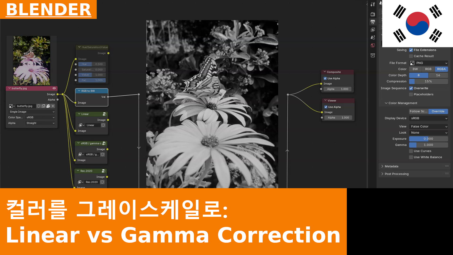 컬러에서 그레이스케일로: Linear vs (감마 보정된) sRGB | Blender 4.3 합성