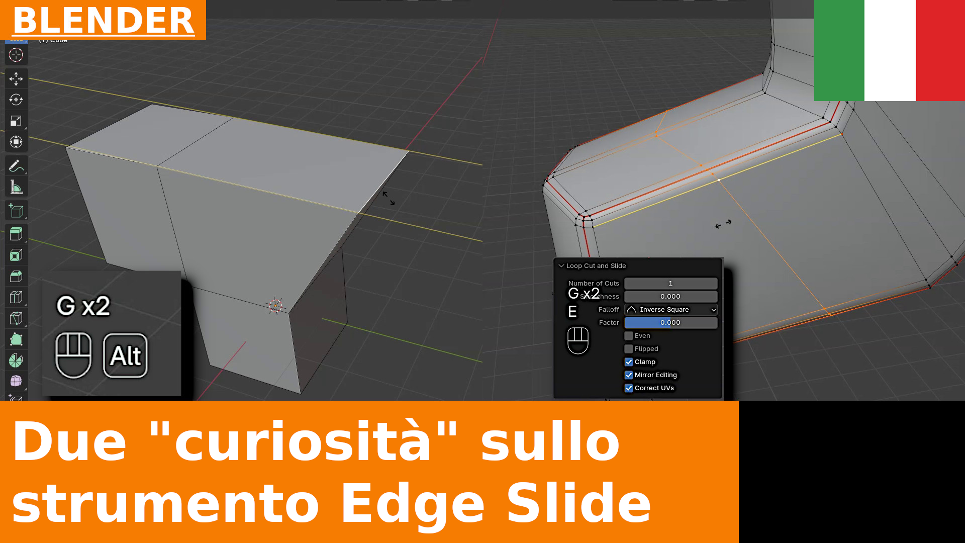 Due modalità poco note di utilizzo di Edge Slide (G G) in Blender: Even e Flipped