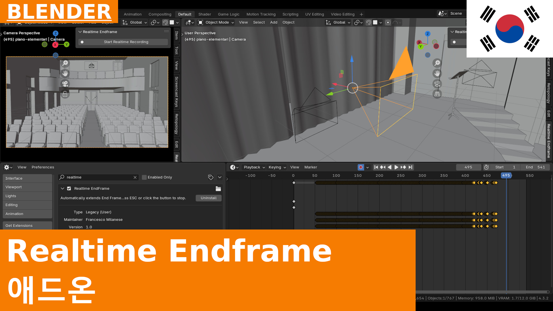 Blender에서 Realtime Endframe 애드온과 Auto Keying으로 애니메이션을 실시간으로 녹화하는 방법